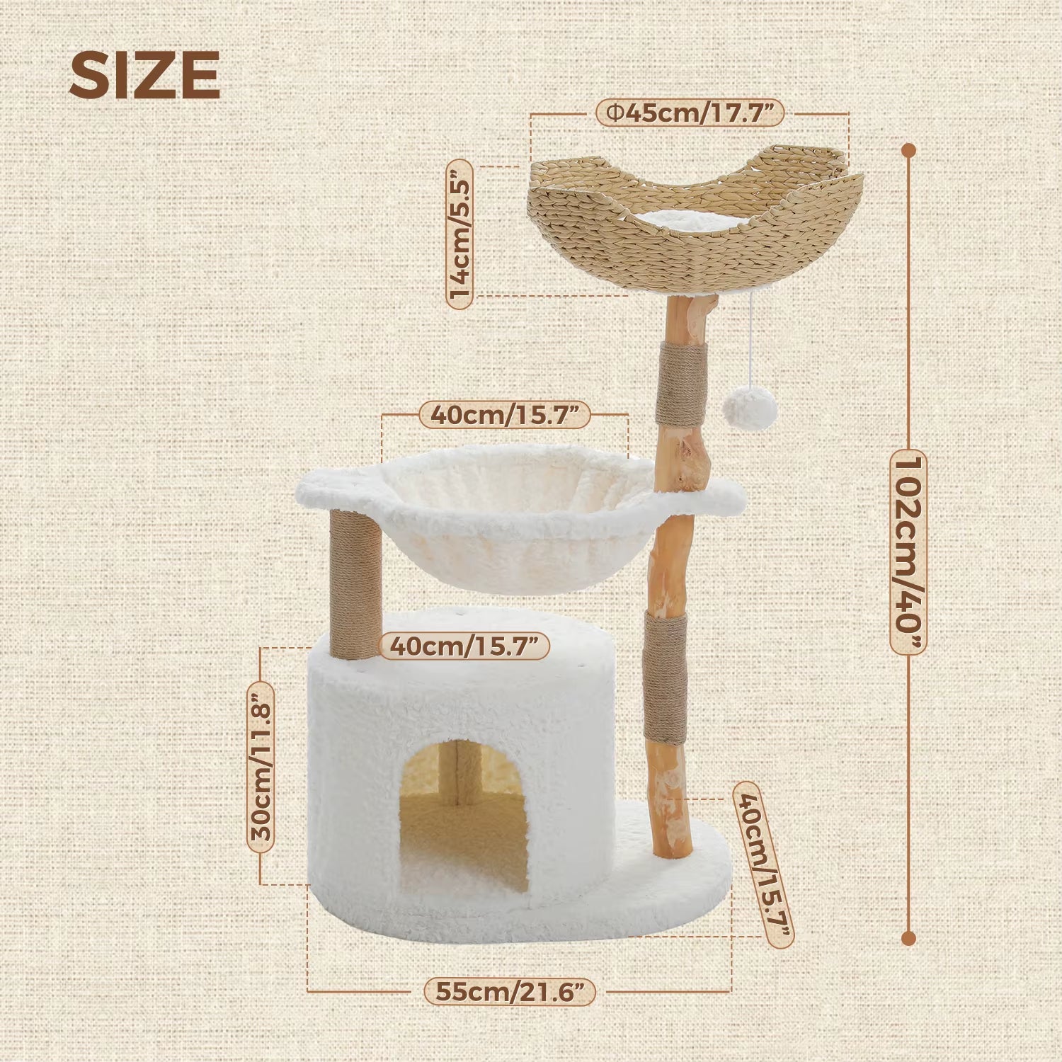 Solid Wood Cat Tree Modern Cat Tower with Spacious Cat Condo,Flower Perches,Fun Pompom,Double Comfort Perfect for Indoor Kittes