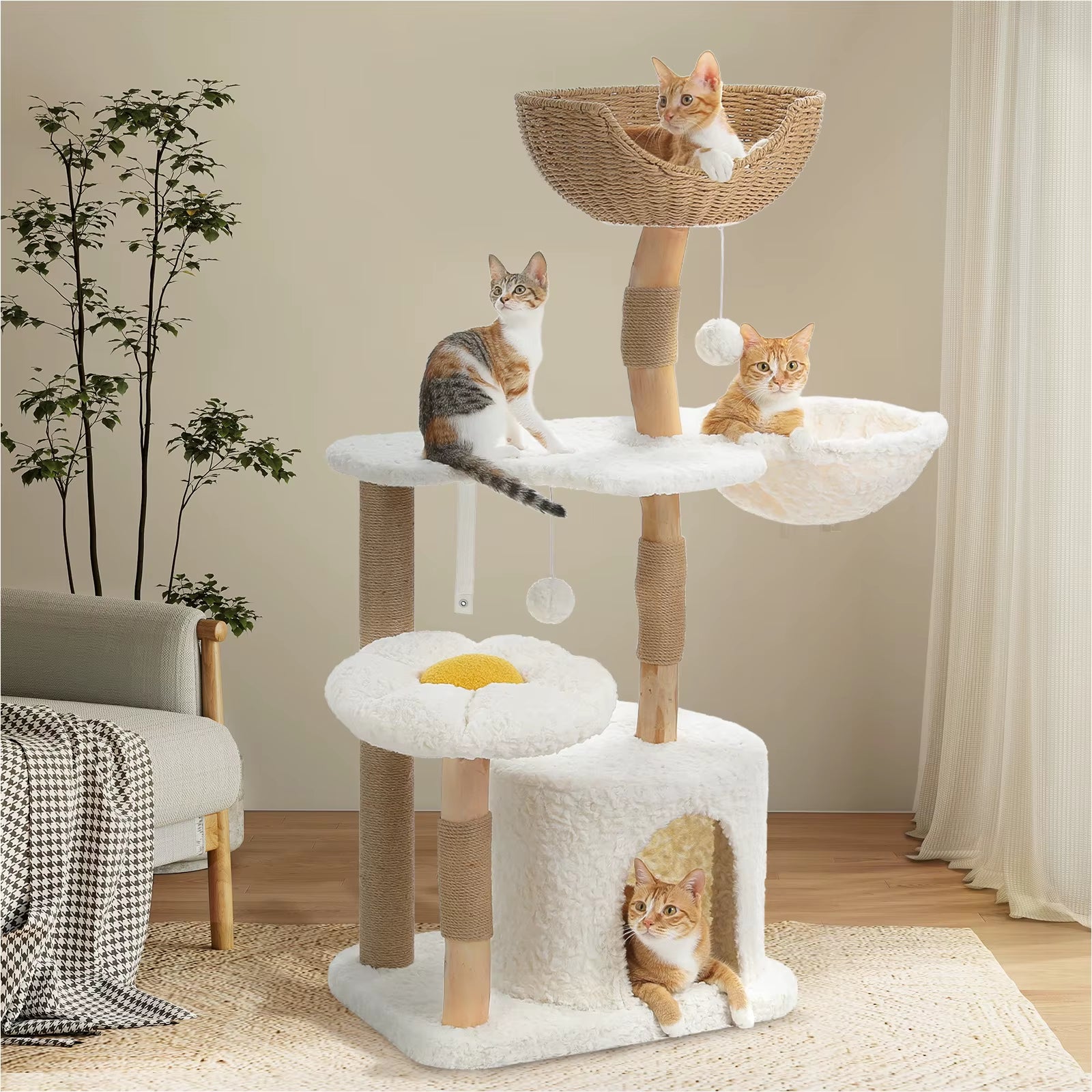 Solid Wood Cat Tree Modern Cat Tower with Spacious Cat Condo,Flower Perches,Fun Pompom,Double Comfort Perfect for Indoor Kittes