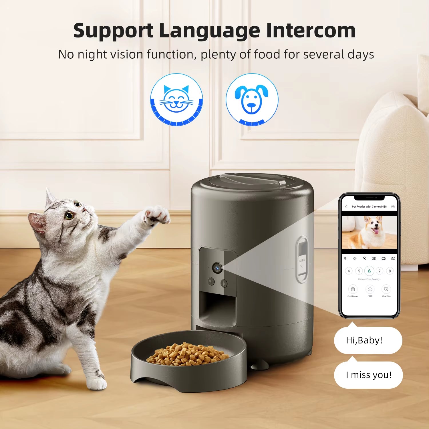 2L Automatic Pet Feeder Cat Smart Pet Feeder Wi-Fi & Camera Controlled Feeder Dog & Cat Food Dispenser Remote App (No 5V 2A Plug