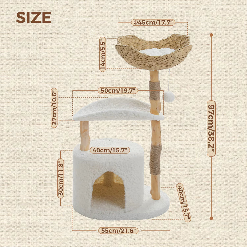 Solid Wood Cat Tree Modern Cat Tower with Spacious Cat Condo,Flower Perches,Fun Pompom,Double Comfort Perfect for Indoor Kittes