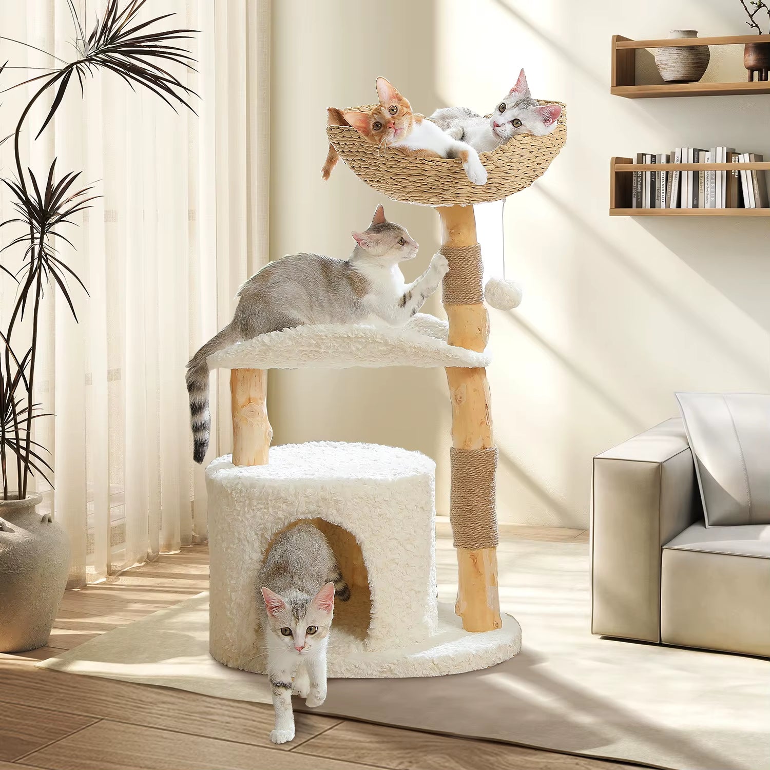 Solid Wood Cat Tree Modern Cat Tower with Spacious Cat Condo,Flower Perches,Fun Pompom,Double Comfort Perfect for Indoor Kittes