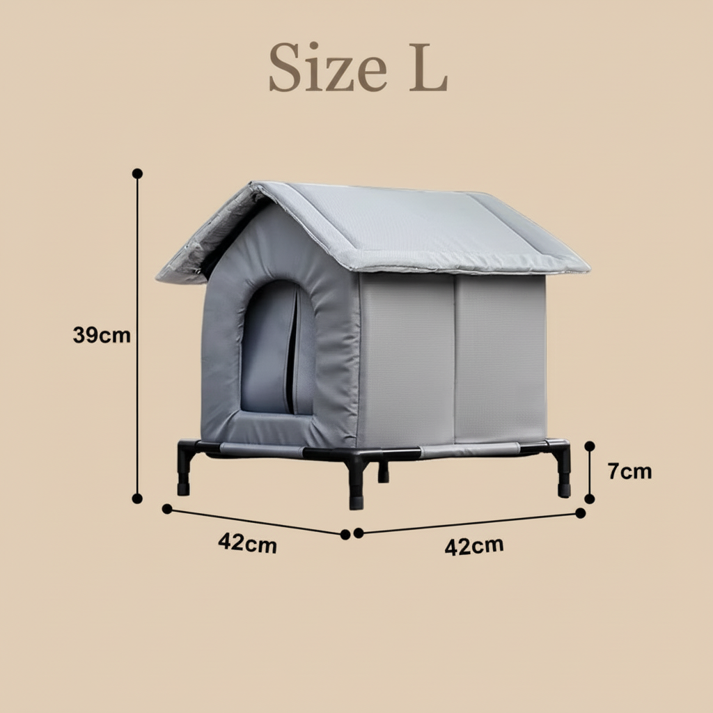 Katzenhaus Size L mit Maßen auf beigem Hintergrund