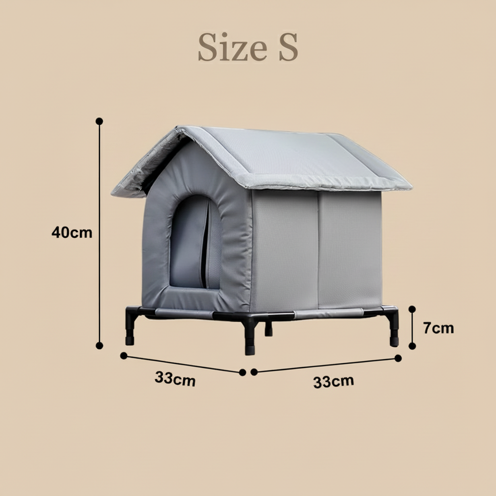 Katzenhaus Size S mit Maßen auf beigem Hintergrund